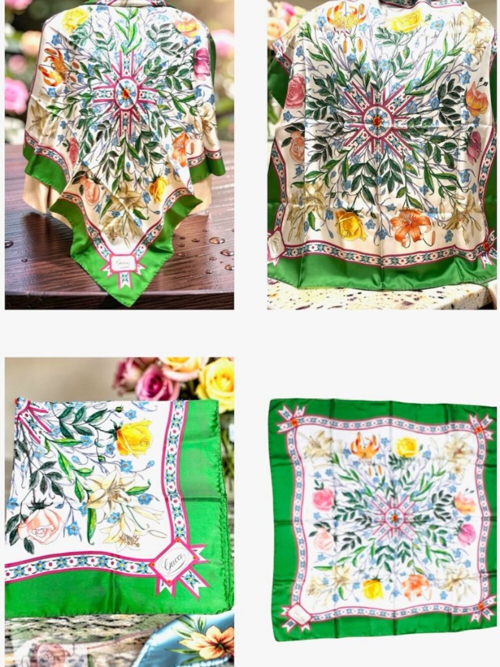 Beautiful Gucci V. ACCORNERO Floral Silk Satin Scarf  Green Beige Pink Flora (22 - Picture 11 of 16